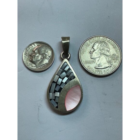 Estate Sterling Silver 925 Mosaic Teardrop Pendant Pink Shell Inlay 10.7g - Picture 6 of 8